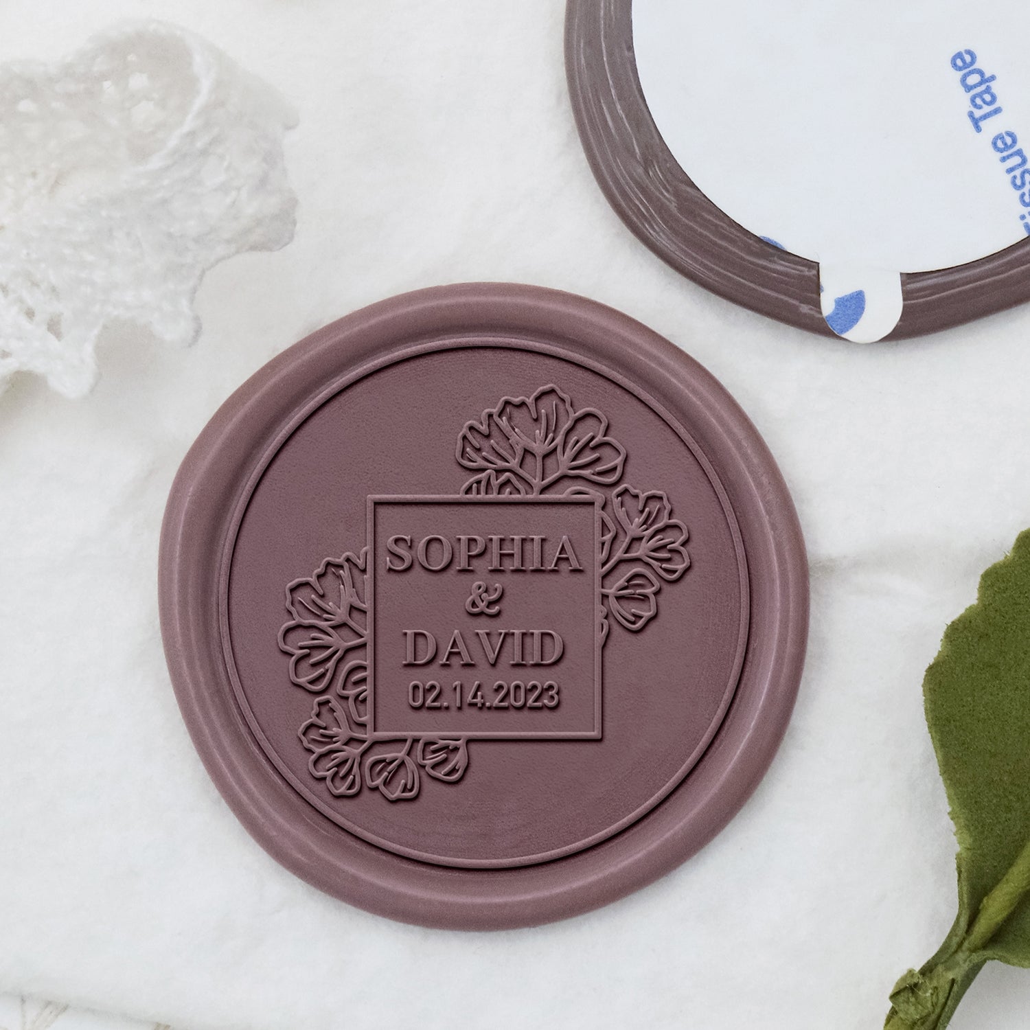 Autocollants Stamprints personnalisés sceau de cire mariage rose bloom avec nom et date 1