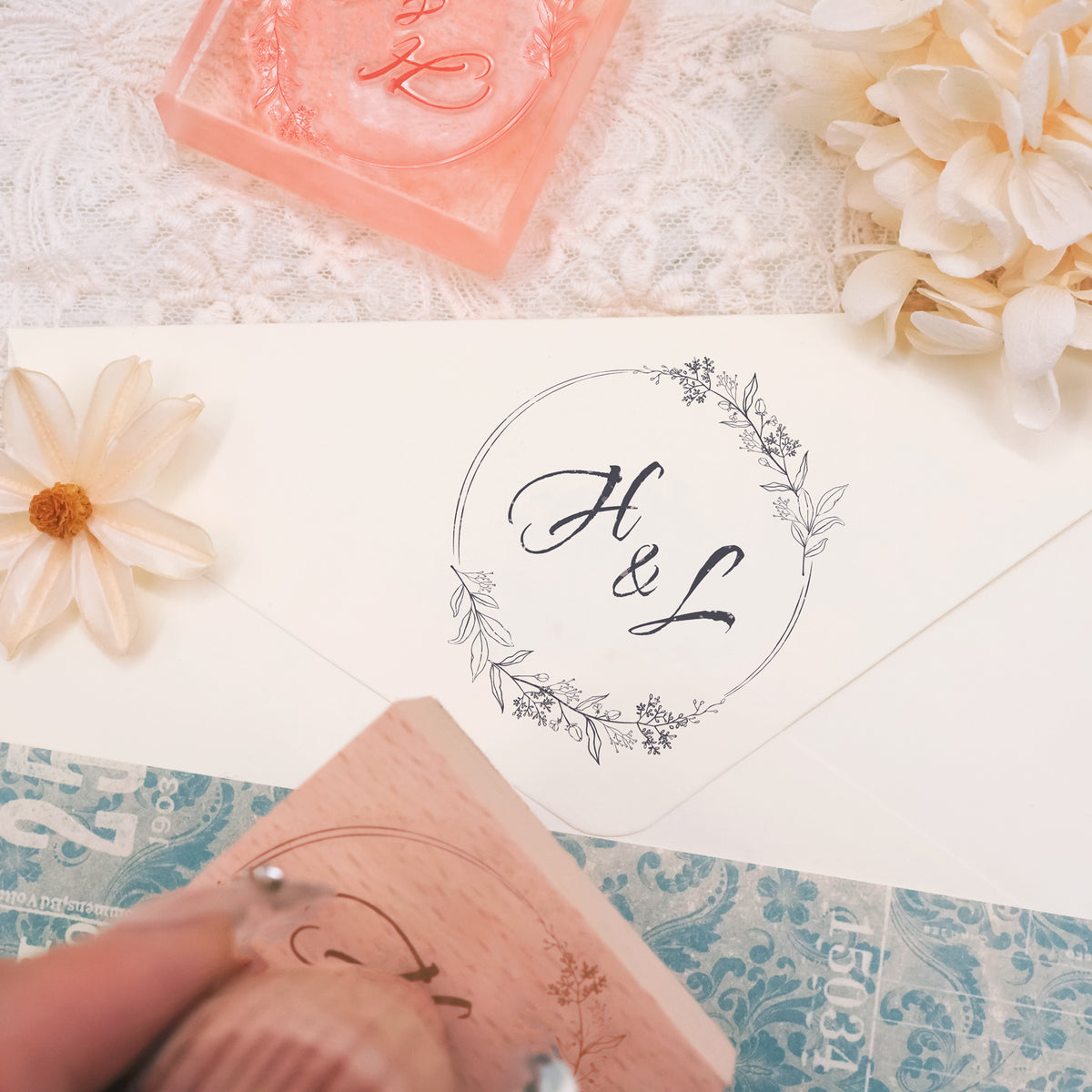 Custom Botanical Wedding Monogram Rubber Stamp -SKU4 2