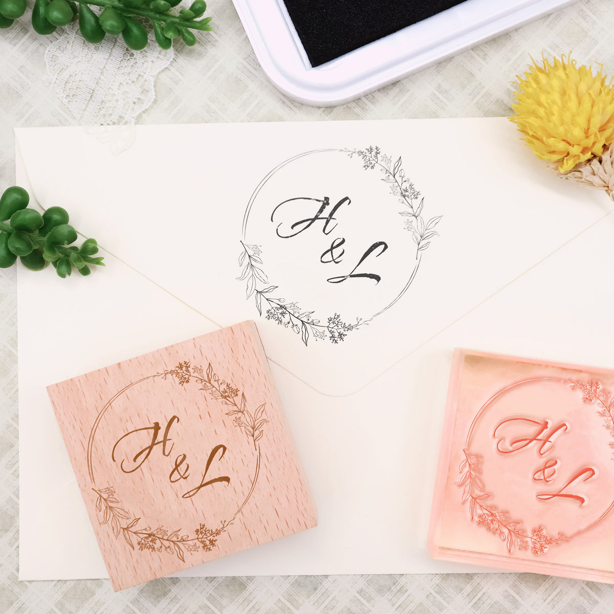 Custom Botanical Wedding Monogram Rubber Stamp -SKU4 1