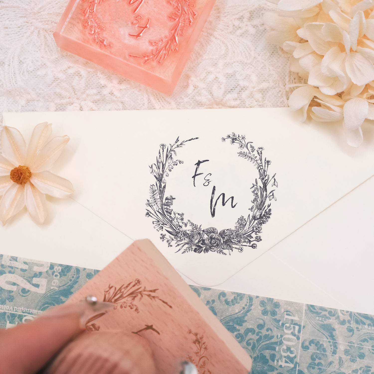 Custom Botanical Wedding Monogram Rubber Stamp -SKU11 3