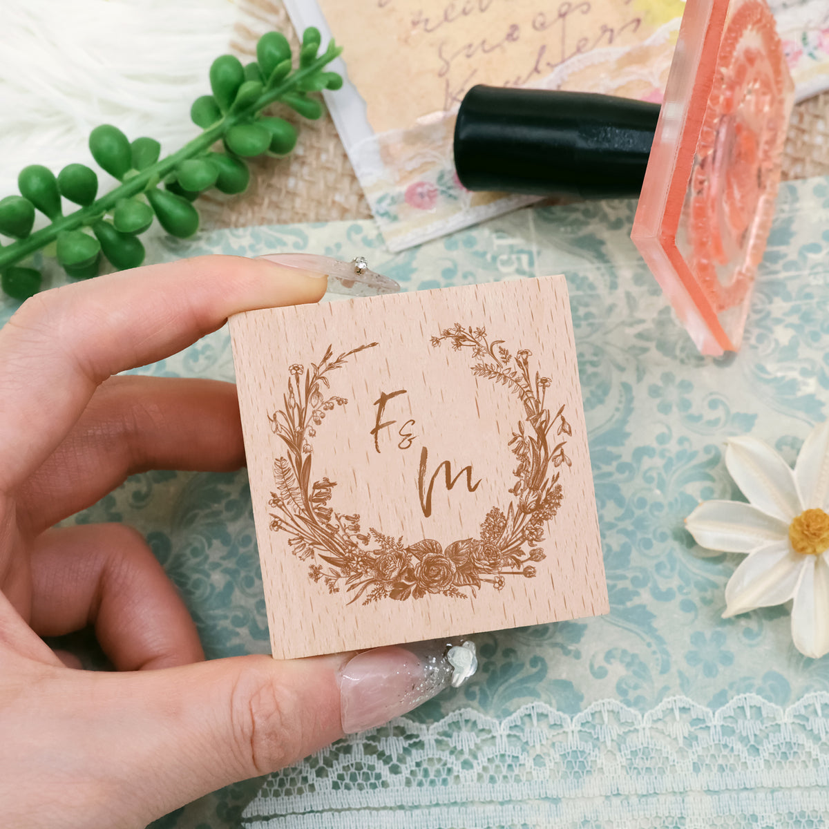 Tampon en Caoutchouc Monogramme de Mariage Botanique Personnalisé -SKU11 2