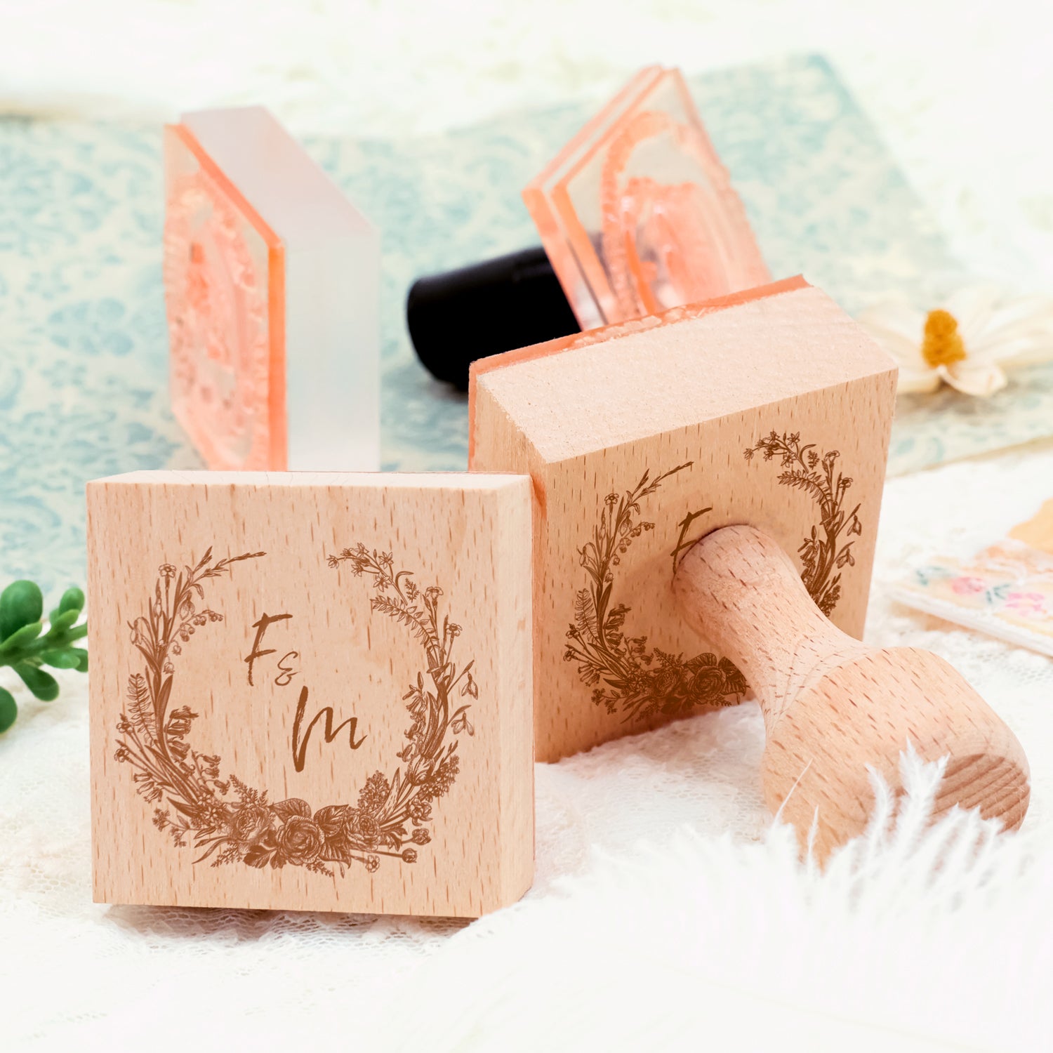 Tampon en Caoutchouc Monogramme Mariage Botanique Personnalisé -SKU11 4