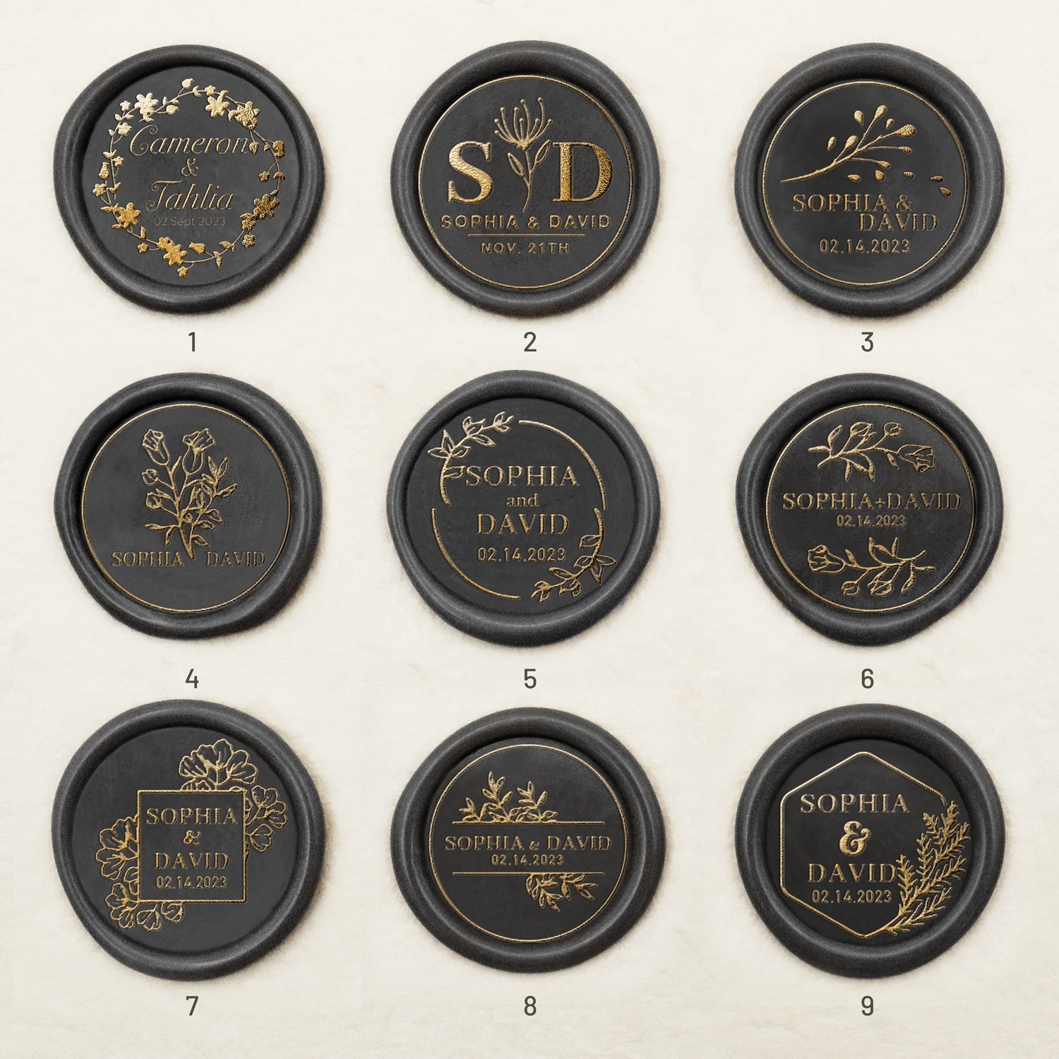 Custom Wedding Wax Seal Stamp (27 Designs) Wedding-Name-&-Date1-9