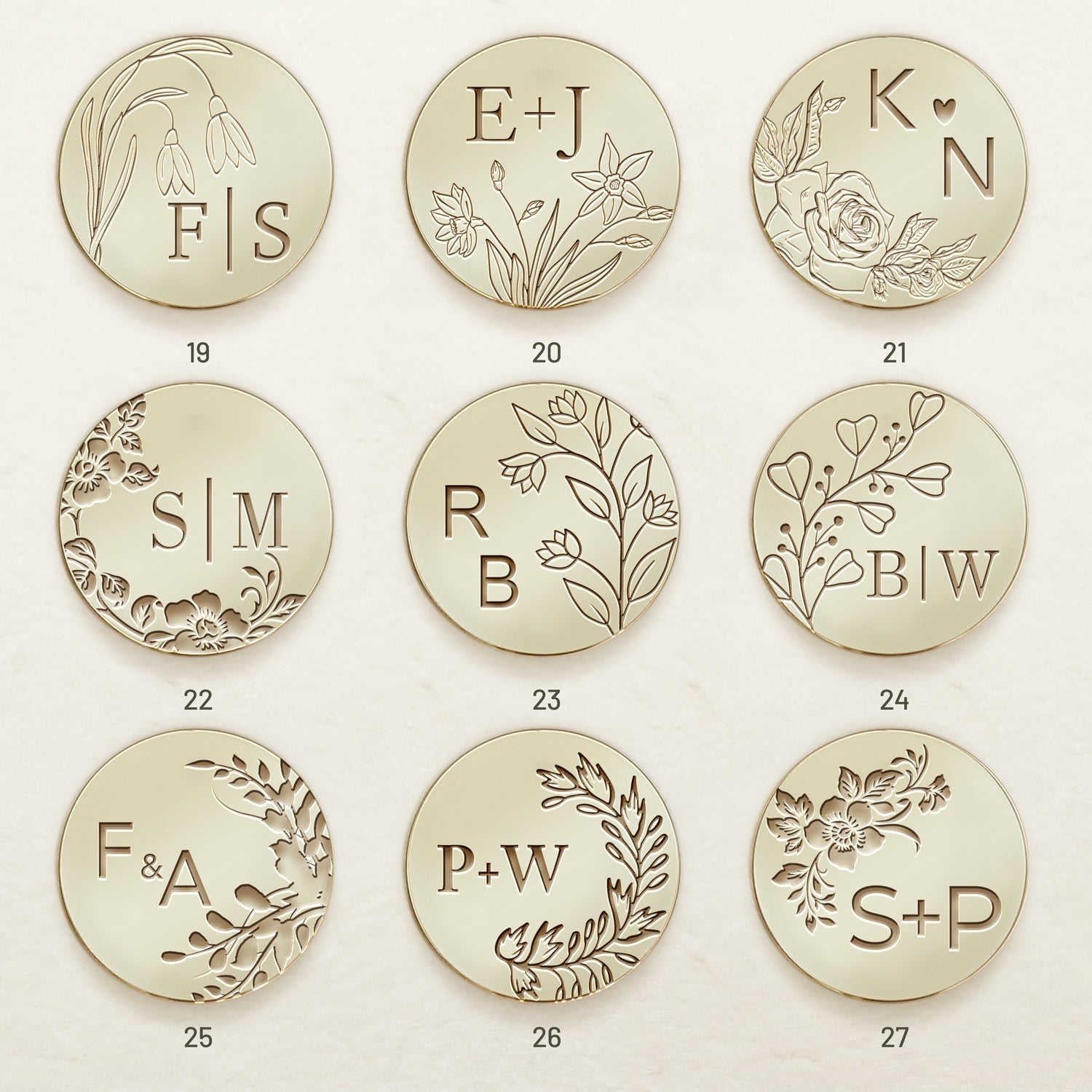 Tampon encreur personnalisé de sceau de cire monogramme mariage botanique sans bordure (27 designs)-sku3