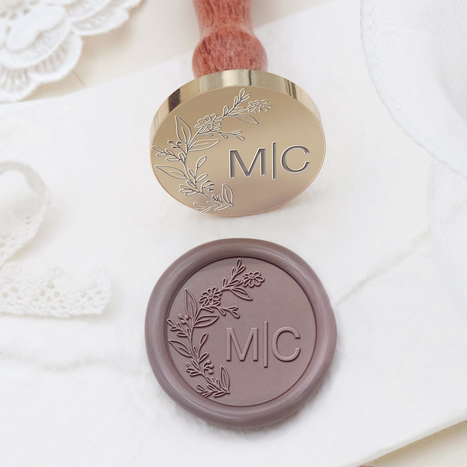 Tampon encreur sceau de cire mariage botanique sans bordure monogramme personnalisé - Style 3 2