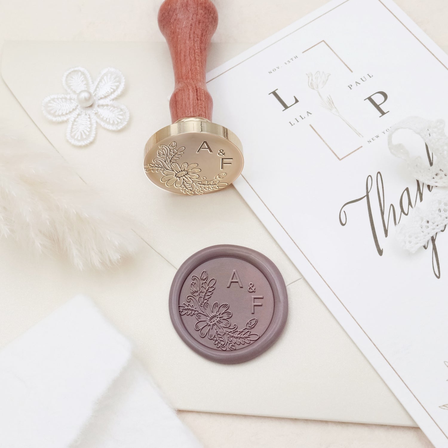 Tampon encreur sceau de cire monogramme de mariage botanique sans bordure personnalisé - Style 12 3