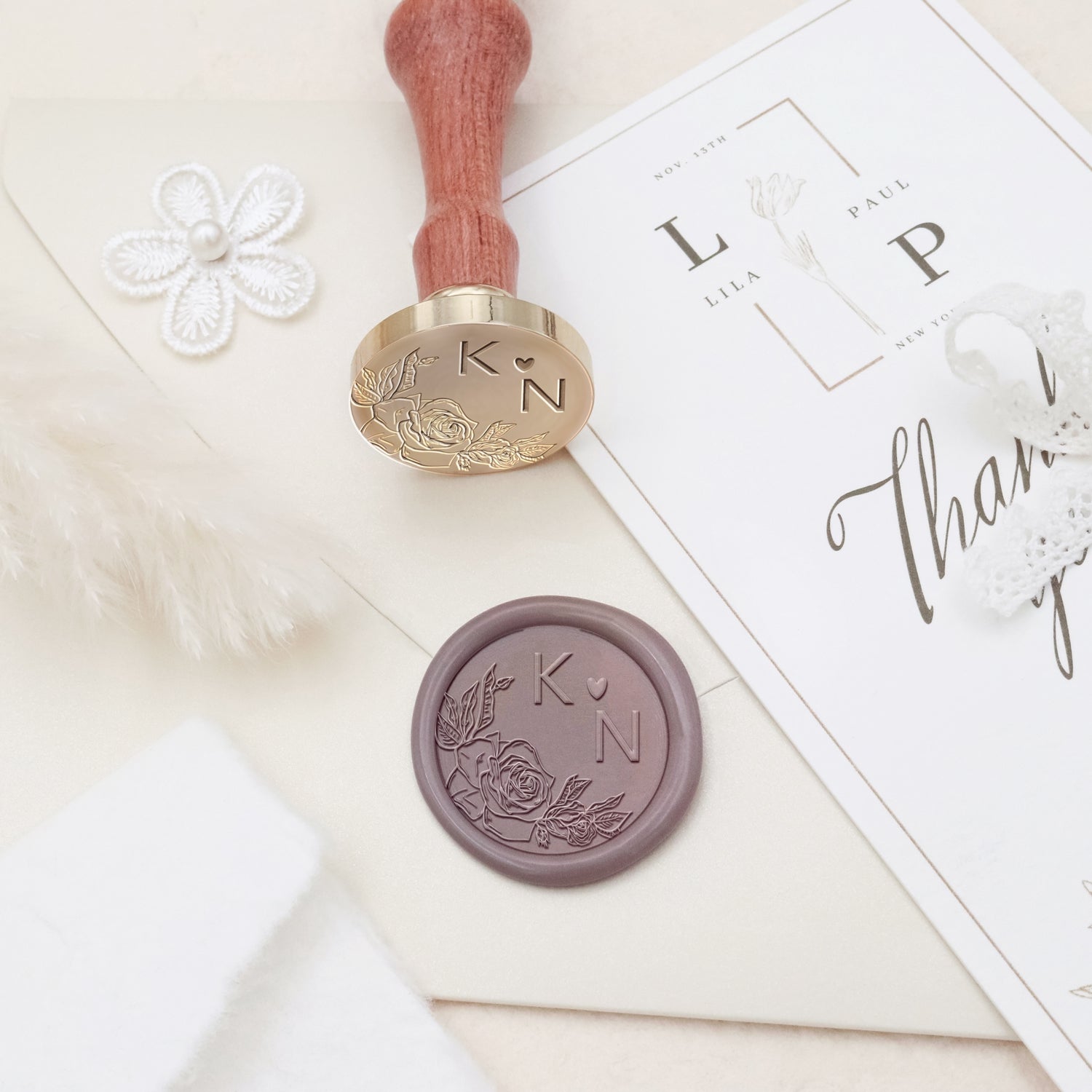 Tampon encreur sceau de cire personnalisé sans bordure botanique mariage monogramme - Style 21 3