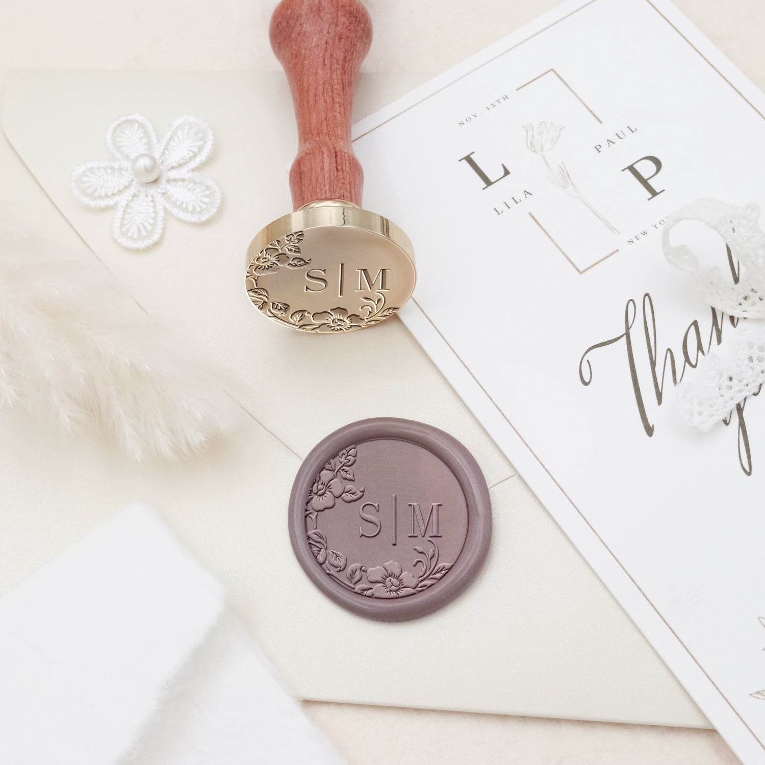 Tampon Encreur Personnalisé Sans Bordure Botanique Mariage Monogramme Sceau de Cire - Style 22 3