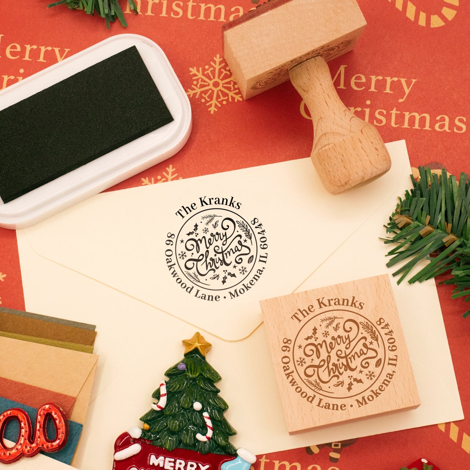 Tampon en caoutchouc d'adresse avec texte personnalisé Joyeux Noël