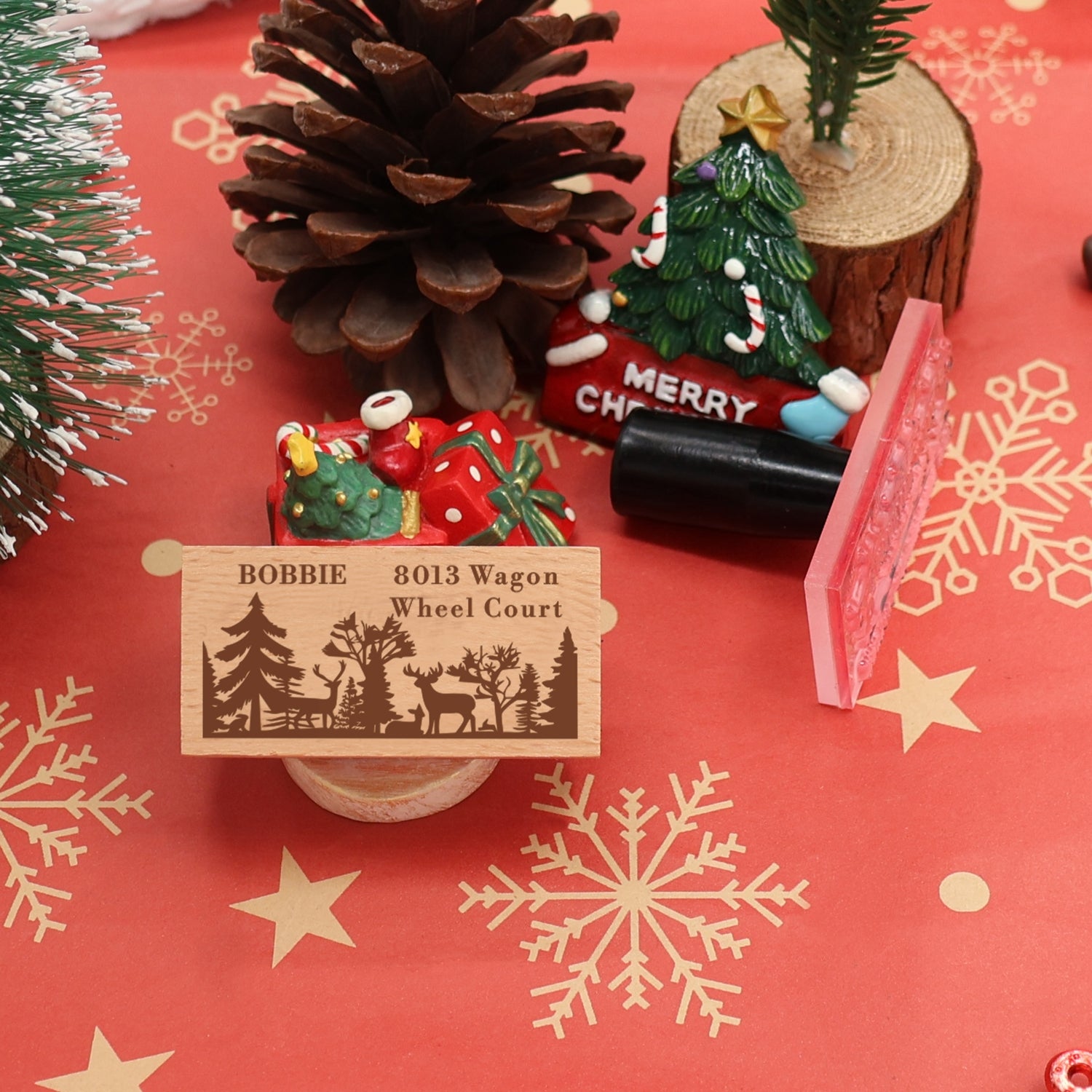 Tampon en caoutchouc rectangulaire personnalisé Forêt de Noël et Renne1