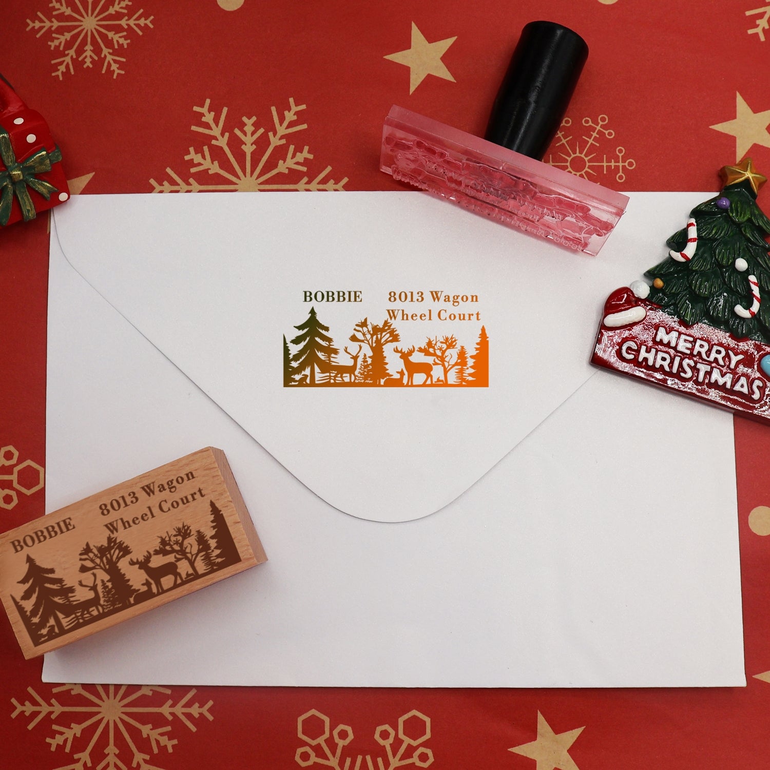 Tampon en caoutchouc rectangle personnalisé Forêt de Noël et Renne2