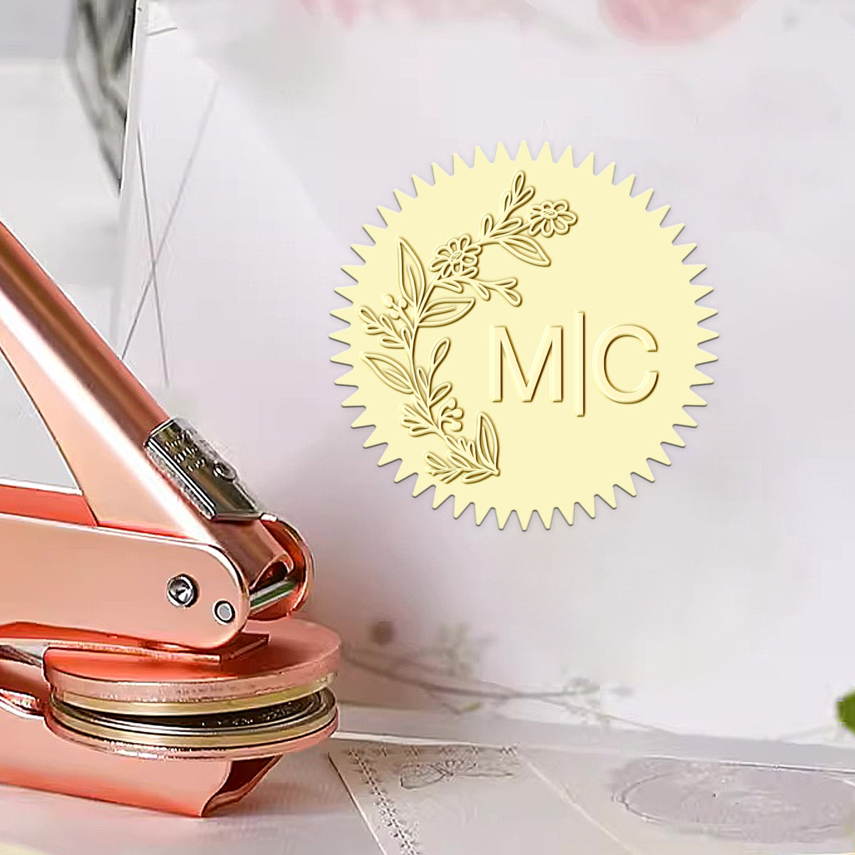 Timbre à sec personnalisé monogramme de mariage avec initiales botaniques - Style 3 Timbre à sec personnalisé monogramme de mariage avec initiales botaniques - Style 313 21