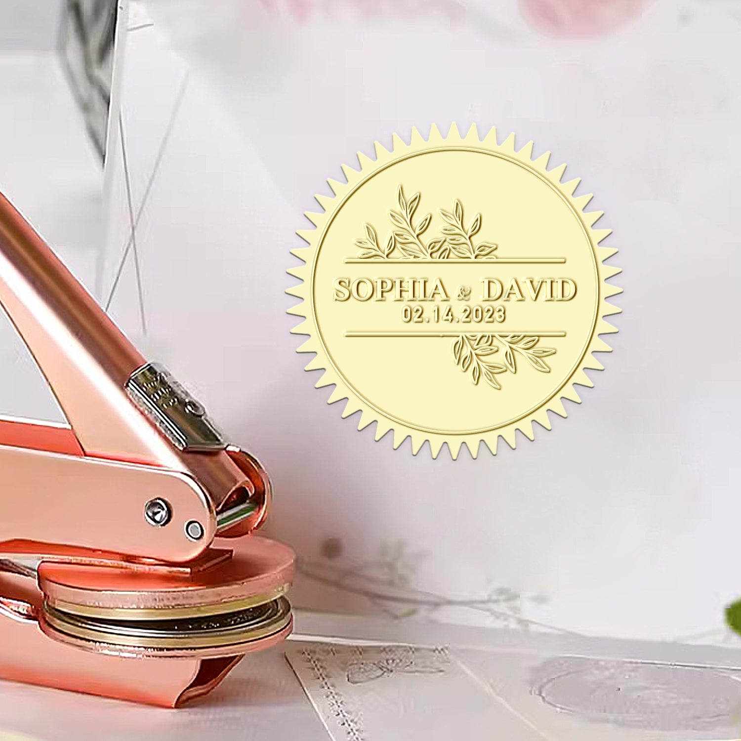 Custom Leaves Wedding Name and Date Embosser 18 21
