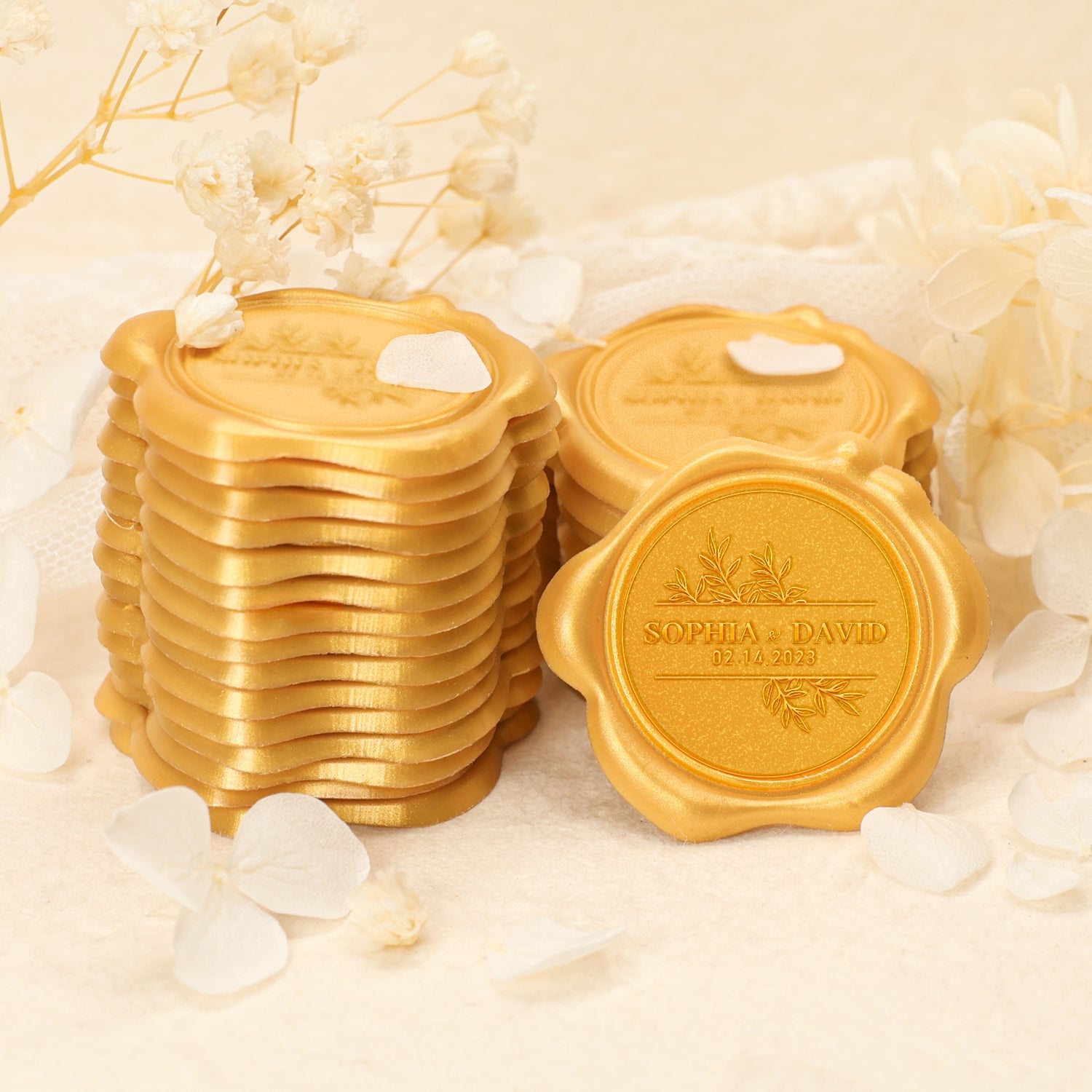 Autocollants de sceau de cire personnalisés avec feuilles, nom et date de mariage 2-8