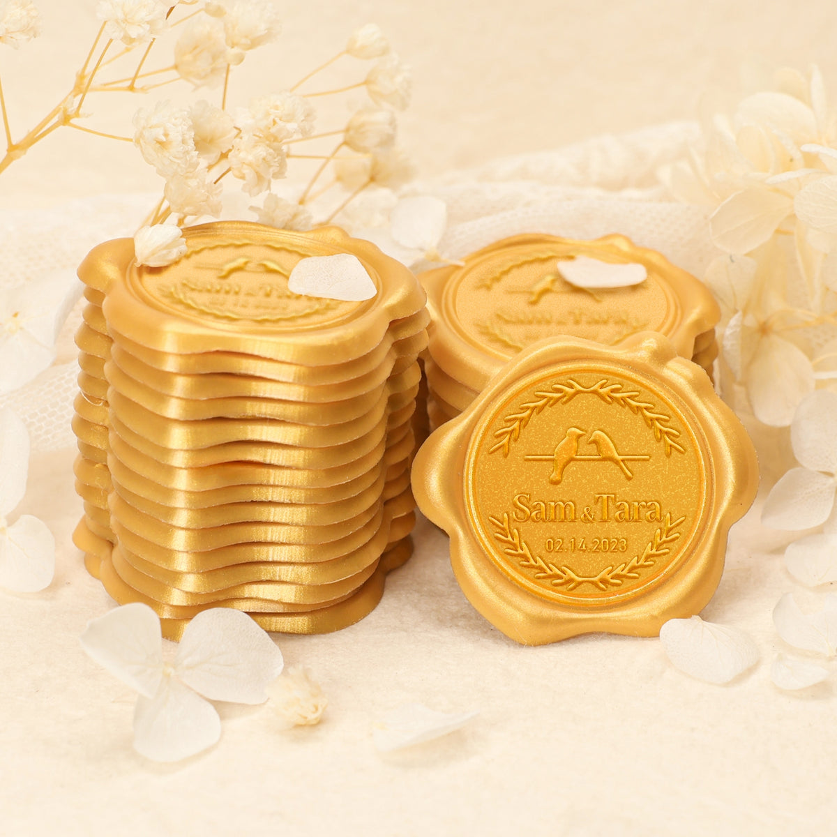 Autocollants de sceau de cire personnalisé avec tourtereaux, nom et date de mariage 2-10